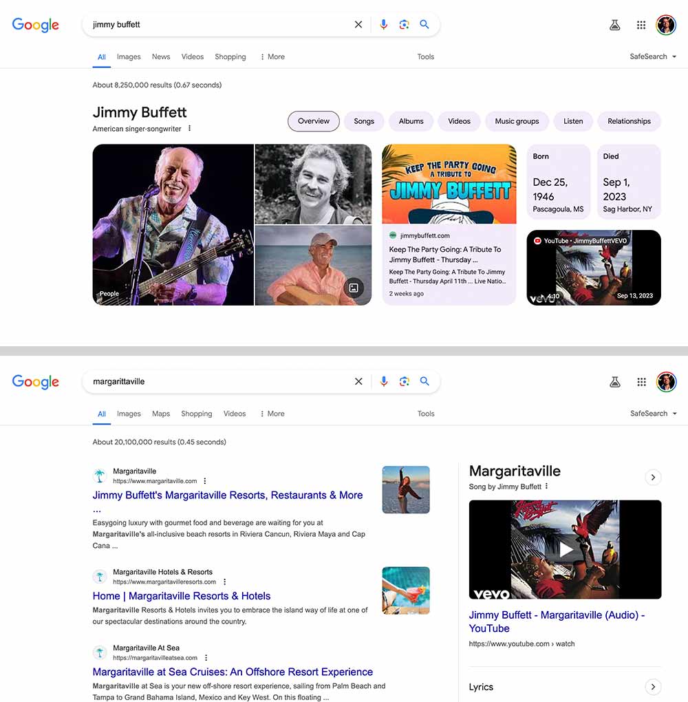 Jimmy Buffett SERP.