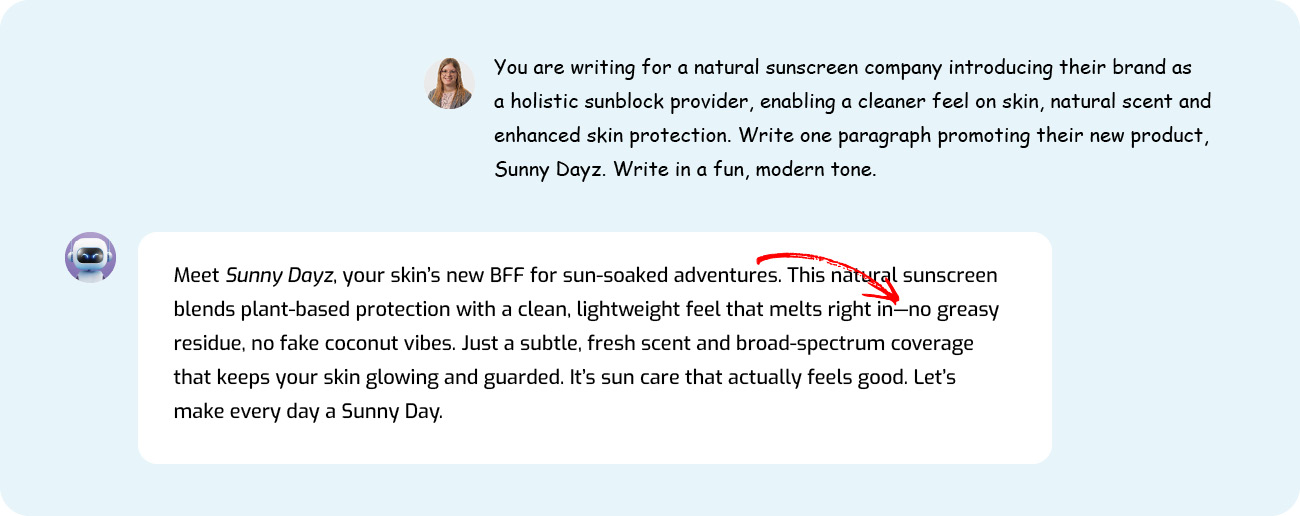 Ashley Prompts ChatGPT To Write A Paragraph For A Made-Up Sunscreen Company, And ChatGPT Uses An Em Dash.