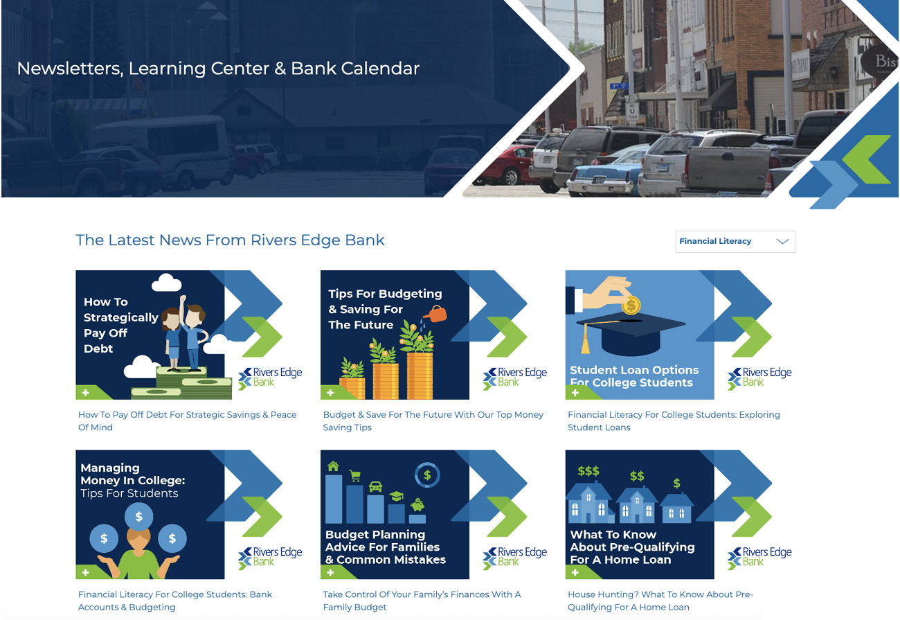 screenshot of rivers edge bank's financial literacy hub.